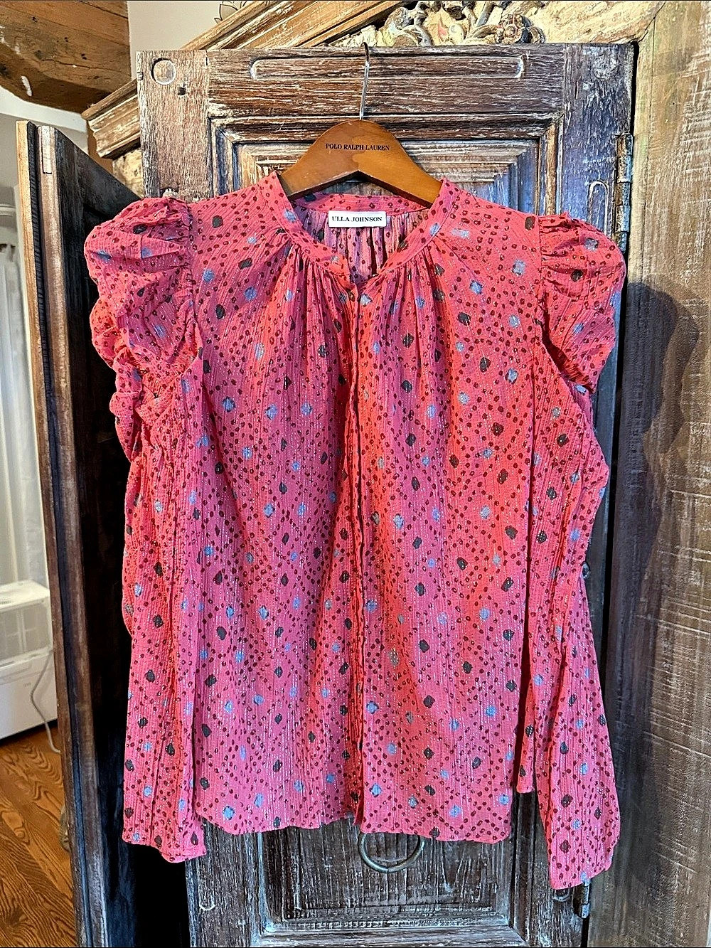 Ulla Johnson Helaine Silk-Blend Metallic Flutter Sleeve Blouse Pink & Blue Size